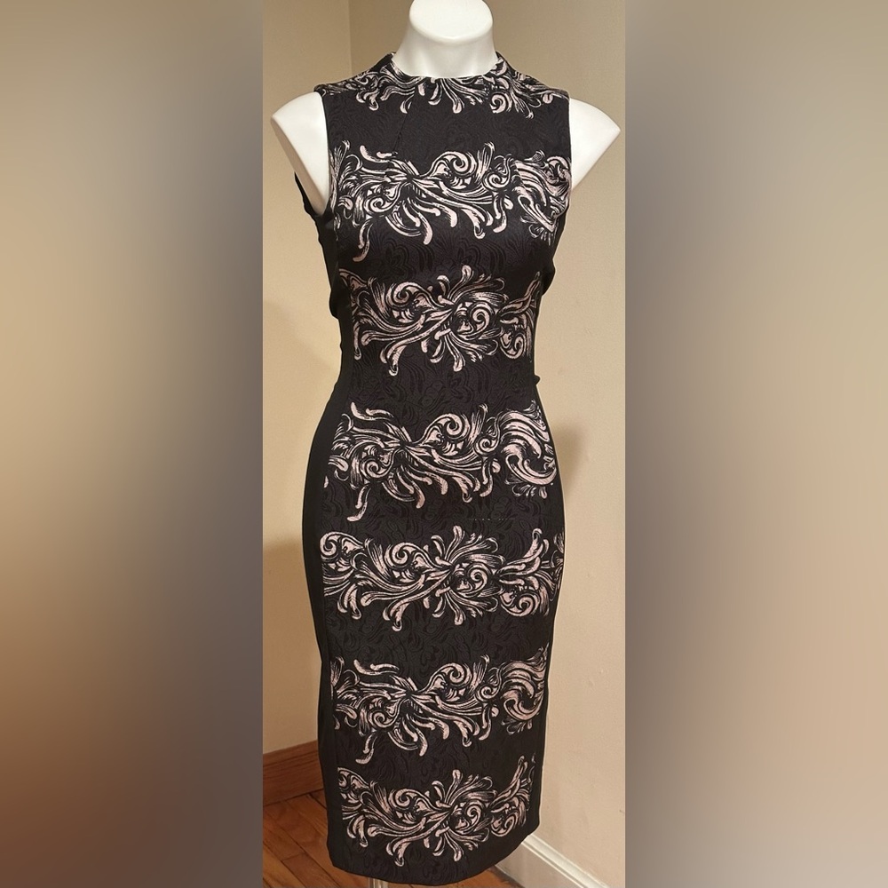 H & M Black & Pink Damask Sleeveless Illusion Shift Dress Thick Material Sz 6
